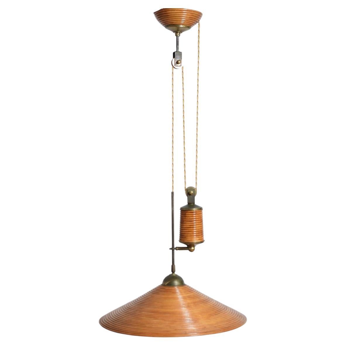 Rattan and brass potence ceiling lamp, 1960s