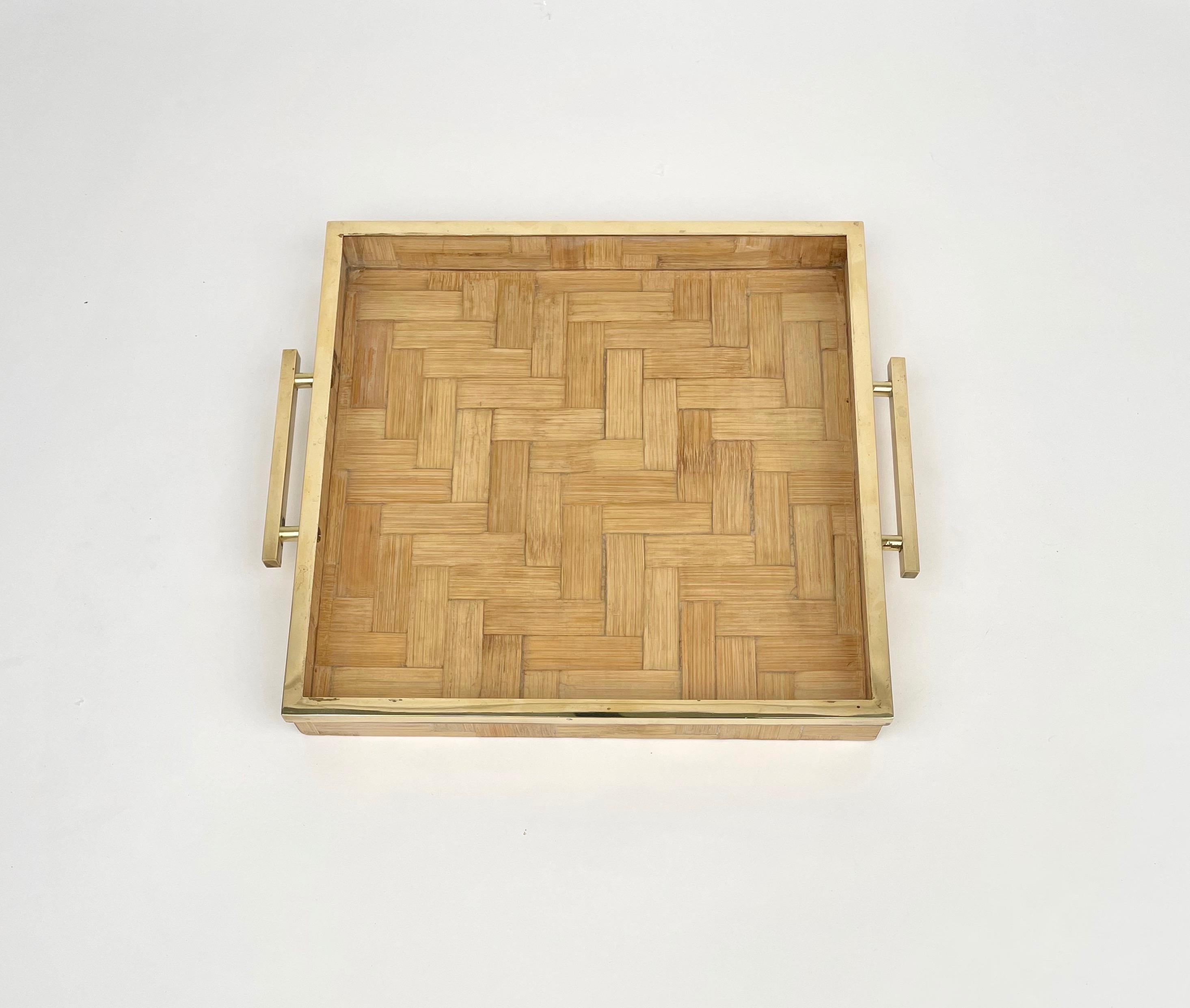 Mid-Century Modern Rattan and Brass Serving Tray attributed to Tommaso Barbi, Italy 1970s For Sale