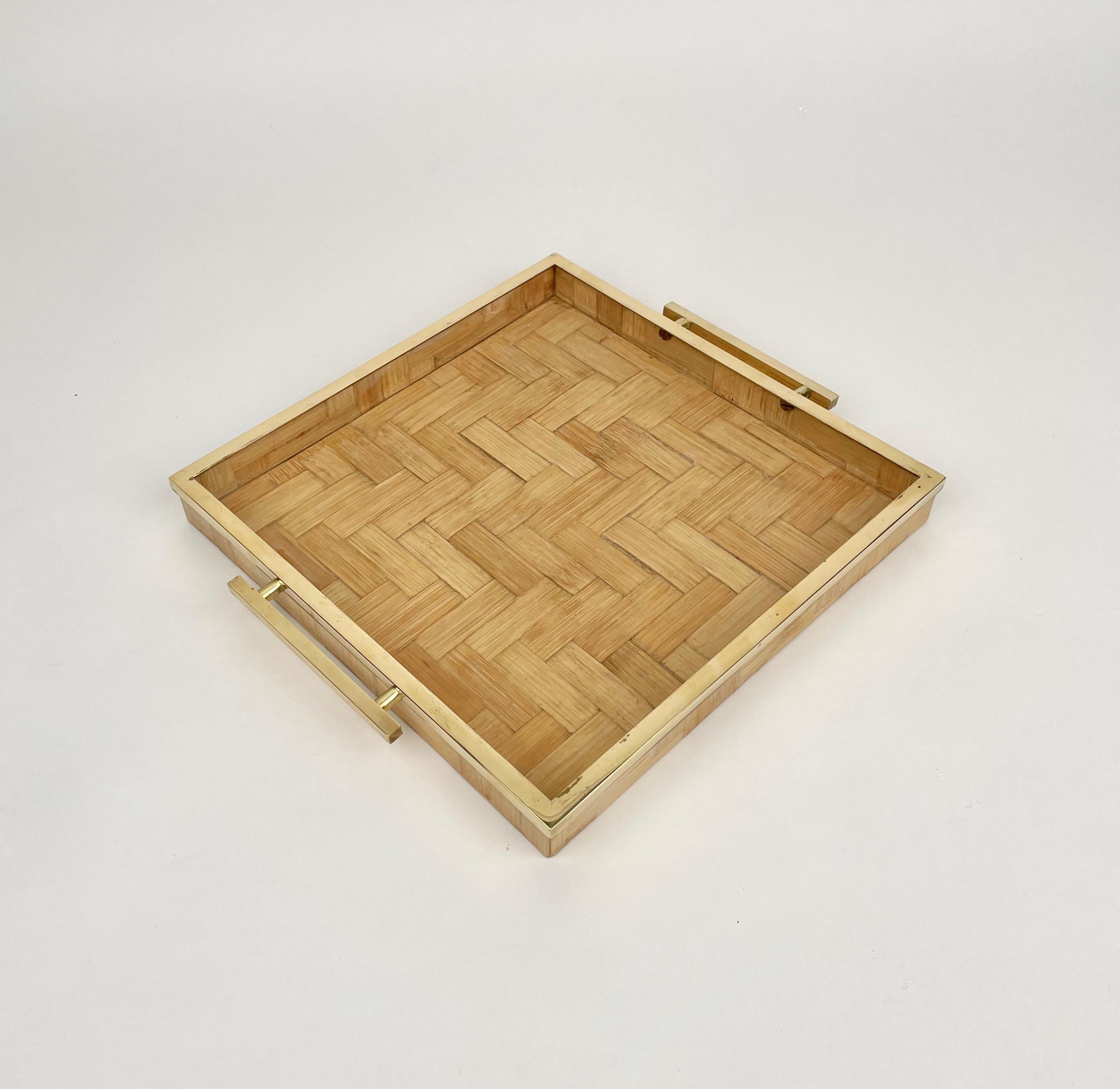 Italian Rattan and Brass Serving Tray attributed to Tommaso Barbi, Italy 1970s For Sale