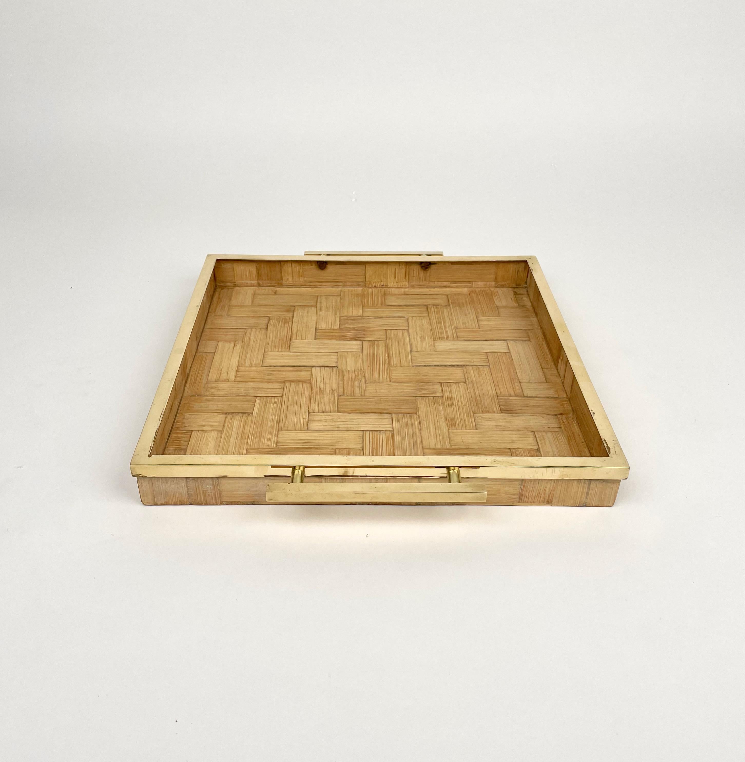 Late 20th Century Rattan and Brass Serving Tray attributed to Tommaso Barbi, Italy 1970s For Sale
