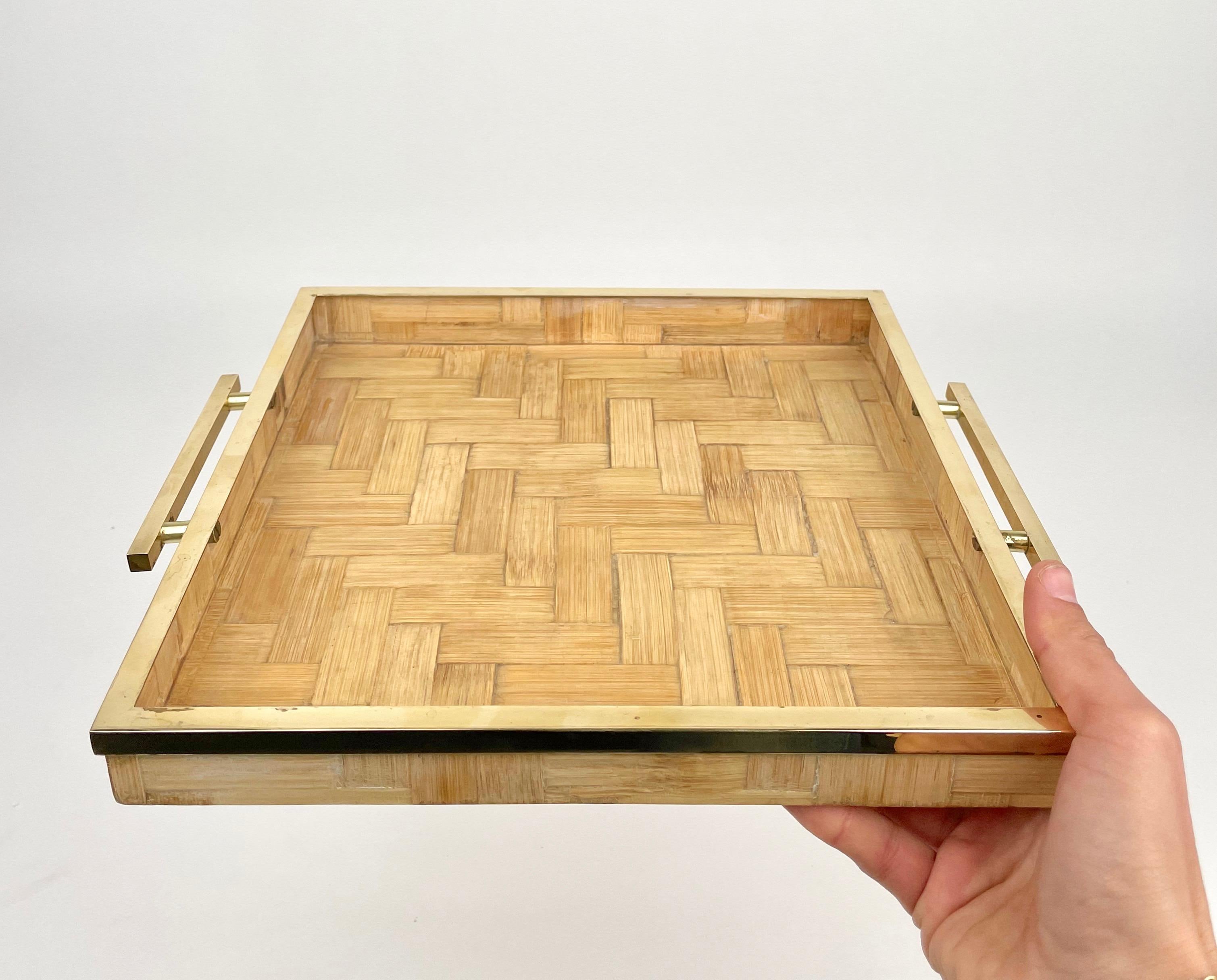 Rattan and Brass Serving Tray attributed to Tommaso Barbi, Italy 1970s For Sale 1