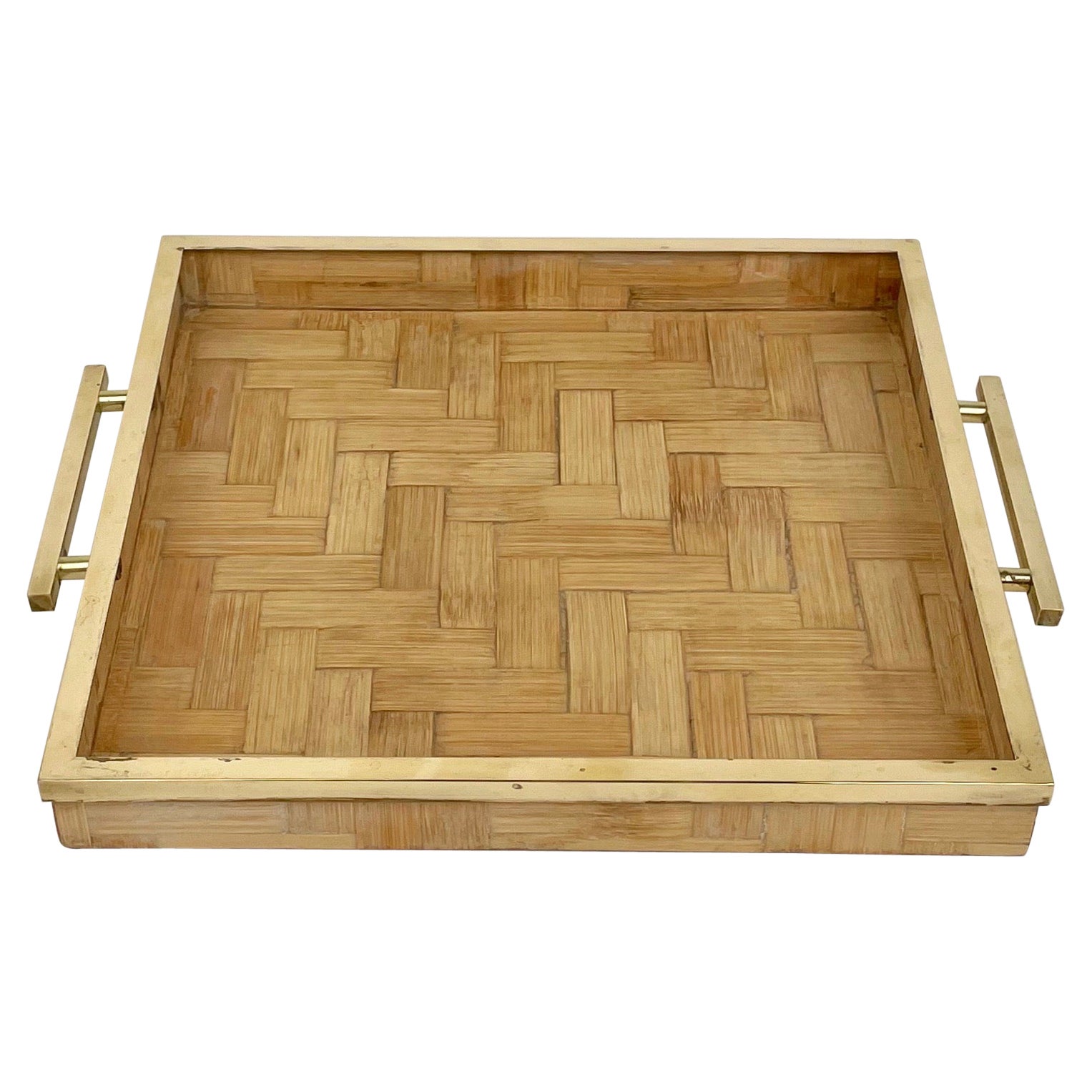 Rattan and Brass Serving Tray attributed to Tommaso Barbi, Italy 1970s For Sale