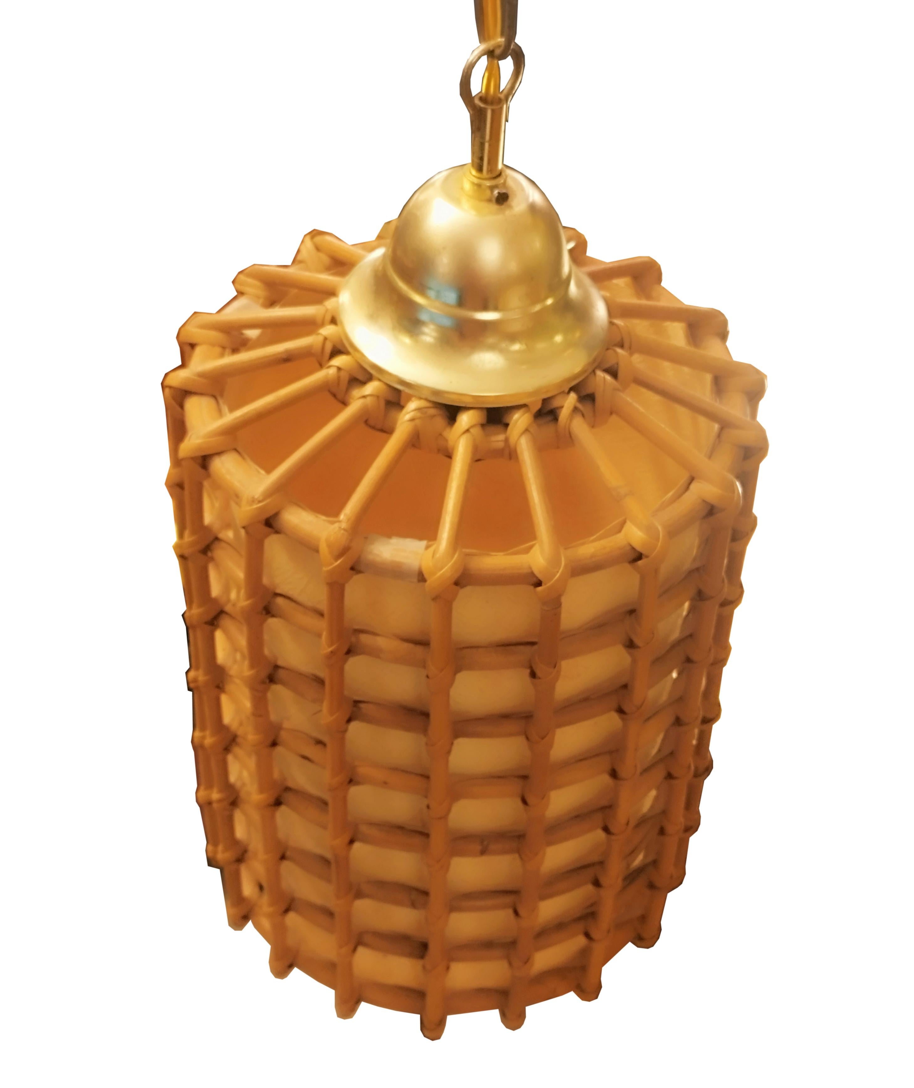 Rattan and Brass Suspension Lamp, Italy 1960s In Good Condition In Naples, IT