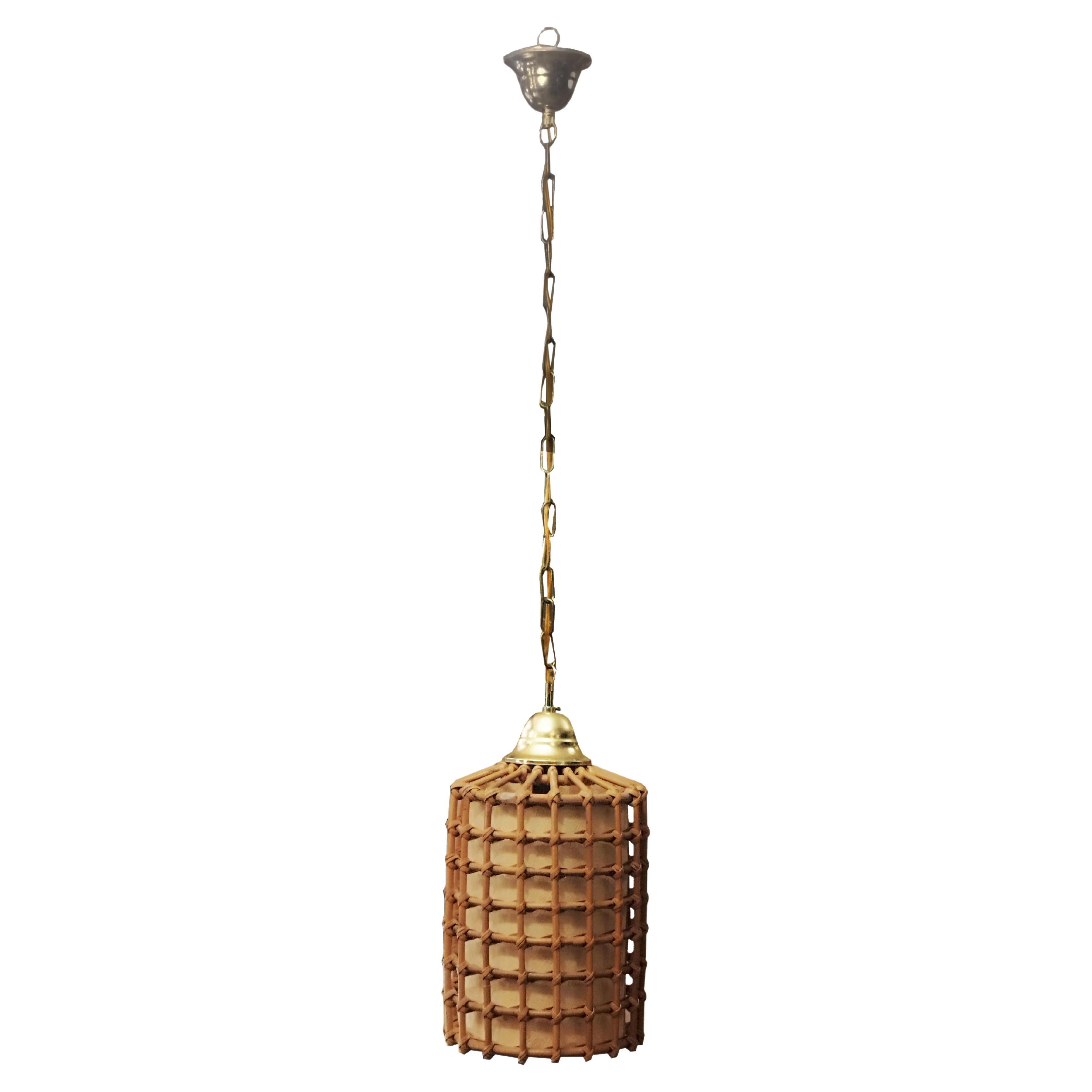 Rattan and Brass Suspension Lamp, Italy 1960s