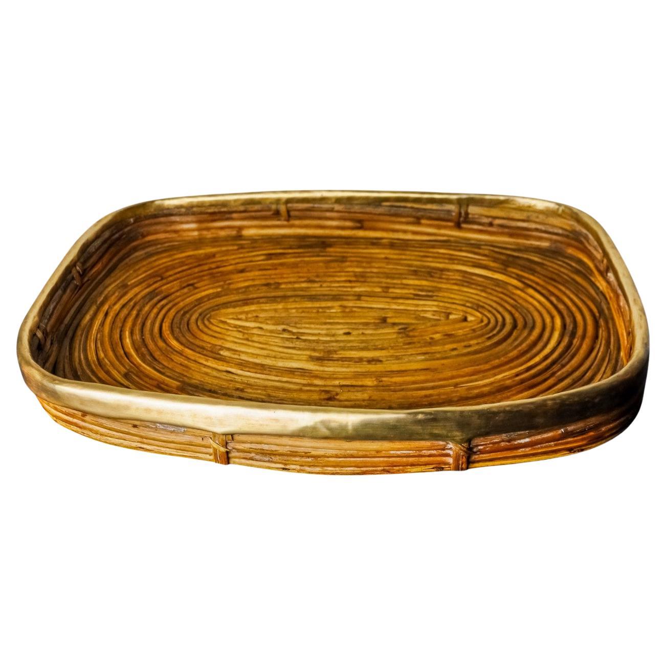 Rattan and brass tray, Italy, 1970