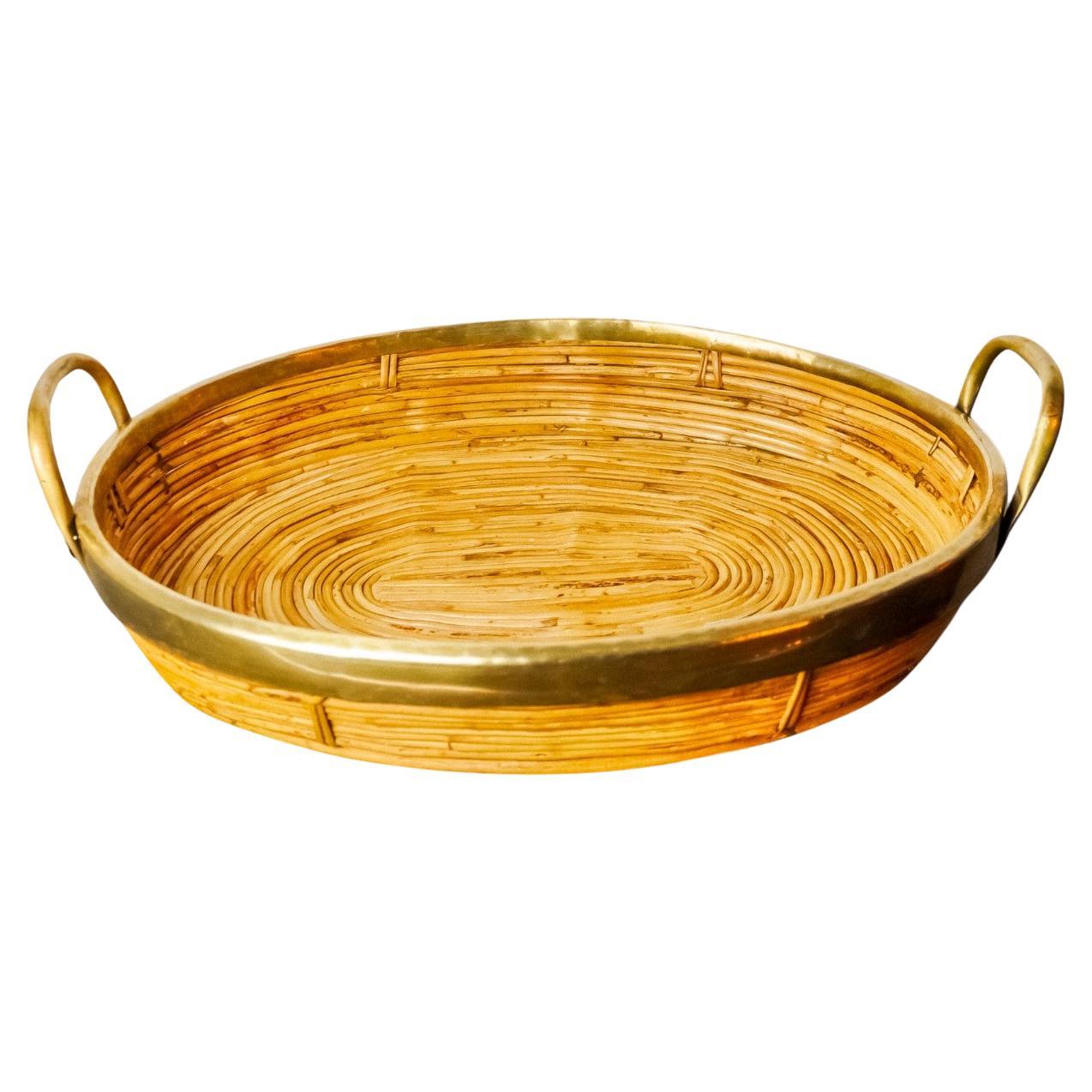 Rattan and brass tray, Italy, 1970 For Sale