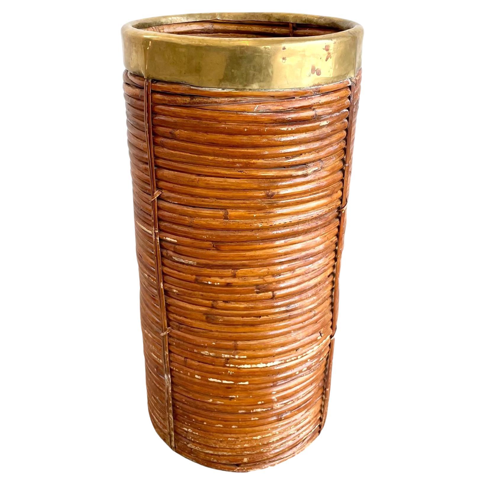 Rattan and Brass Umbrella Holder in the Style of Gabriella Crespi, Italy 1960s