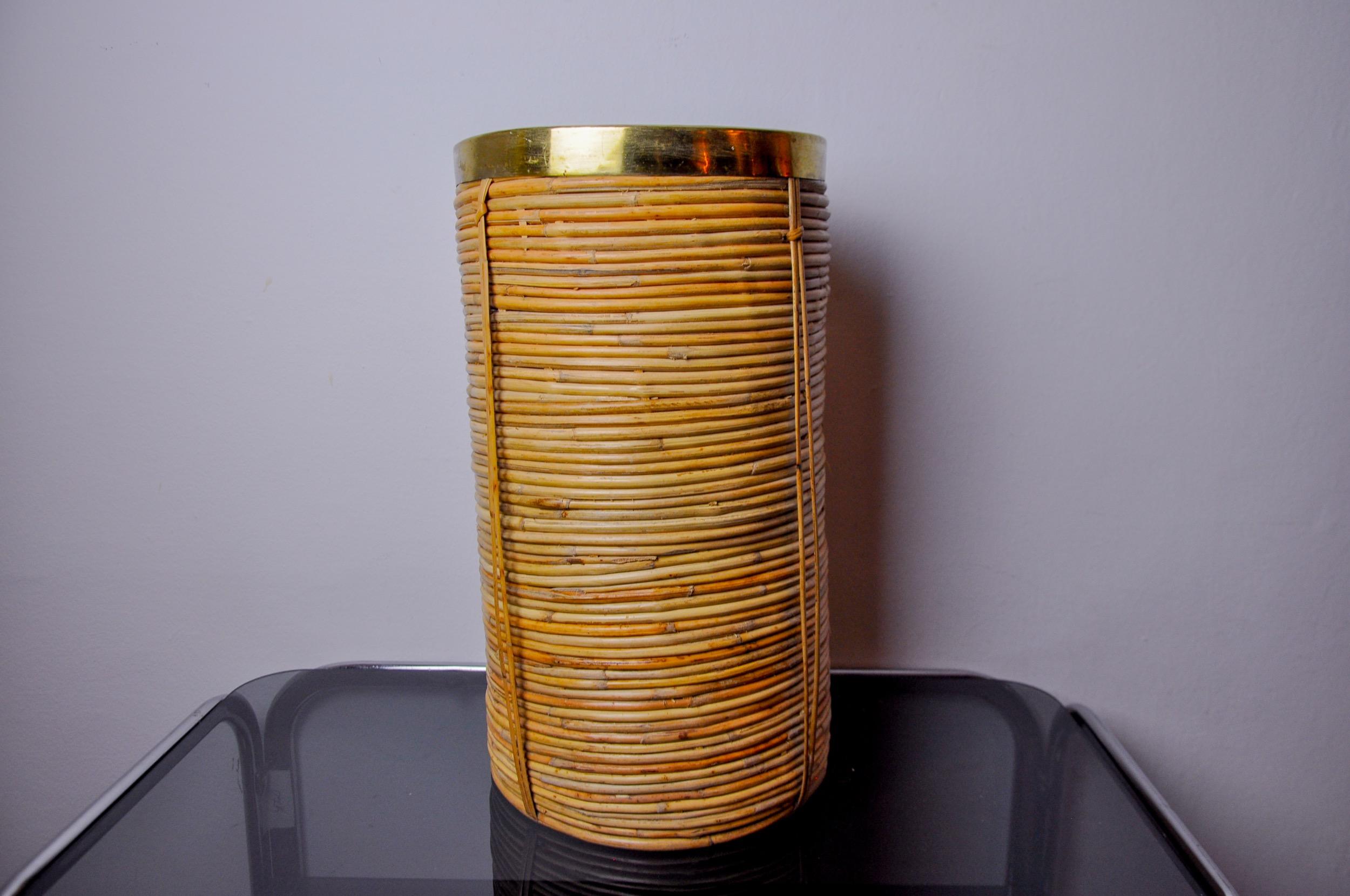 Hollywood Regency Rattan and brass umbrella stand, Italy, 1970 For Sale