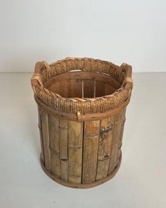 Rattan and Brass Wastebasket, circa 1970