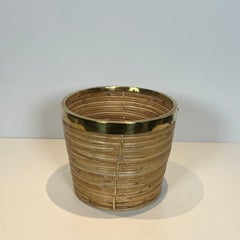 Rattan and Brass Wastebasket