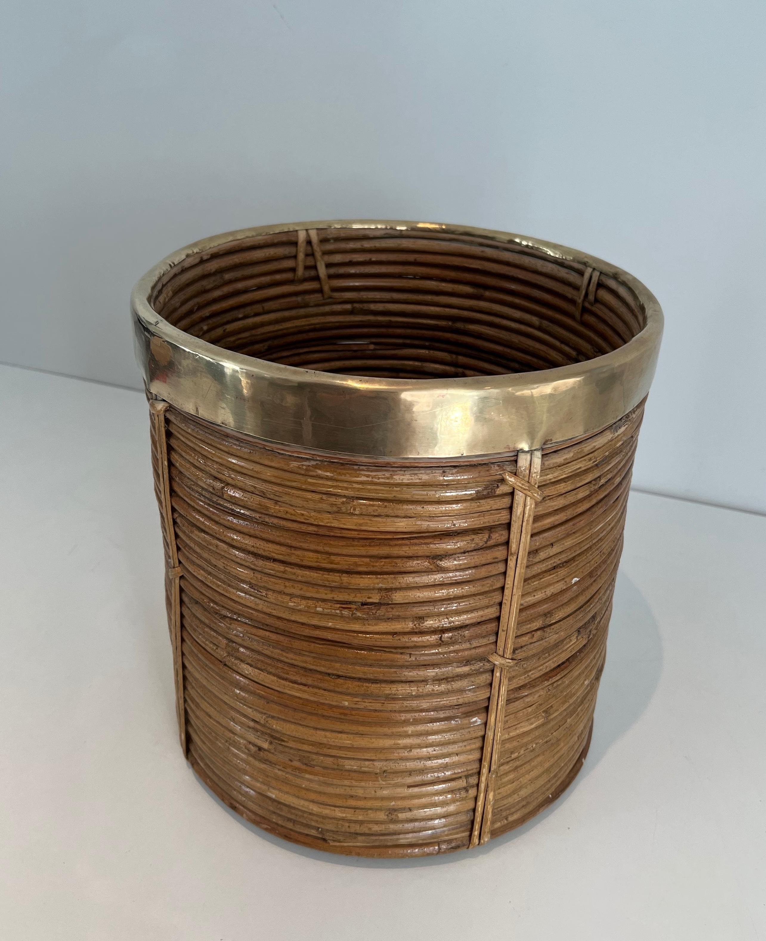 Rattan and brass wastebasket in the style of Gabriella Crespi 5