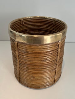Rattan and brass wastebasket in the style of Gabriella Crespi