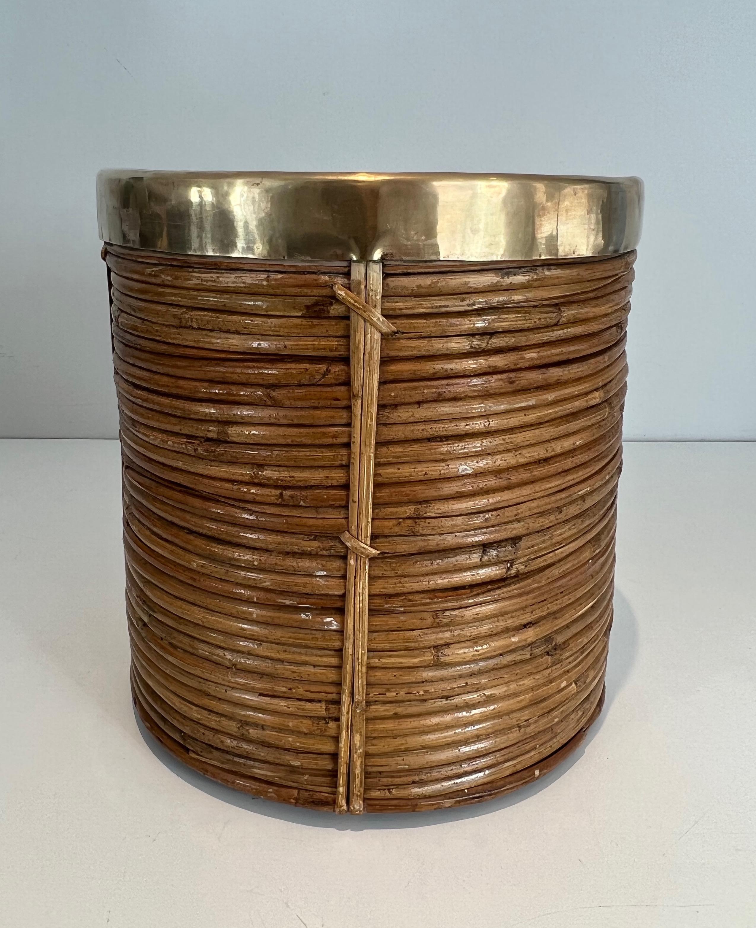 French Rattan and brass wastebasket in the style of Gabriella Crespi