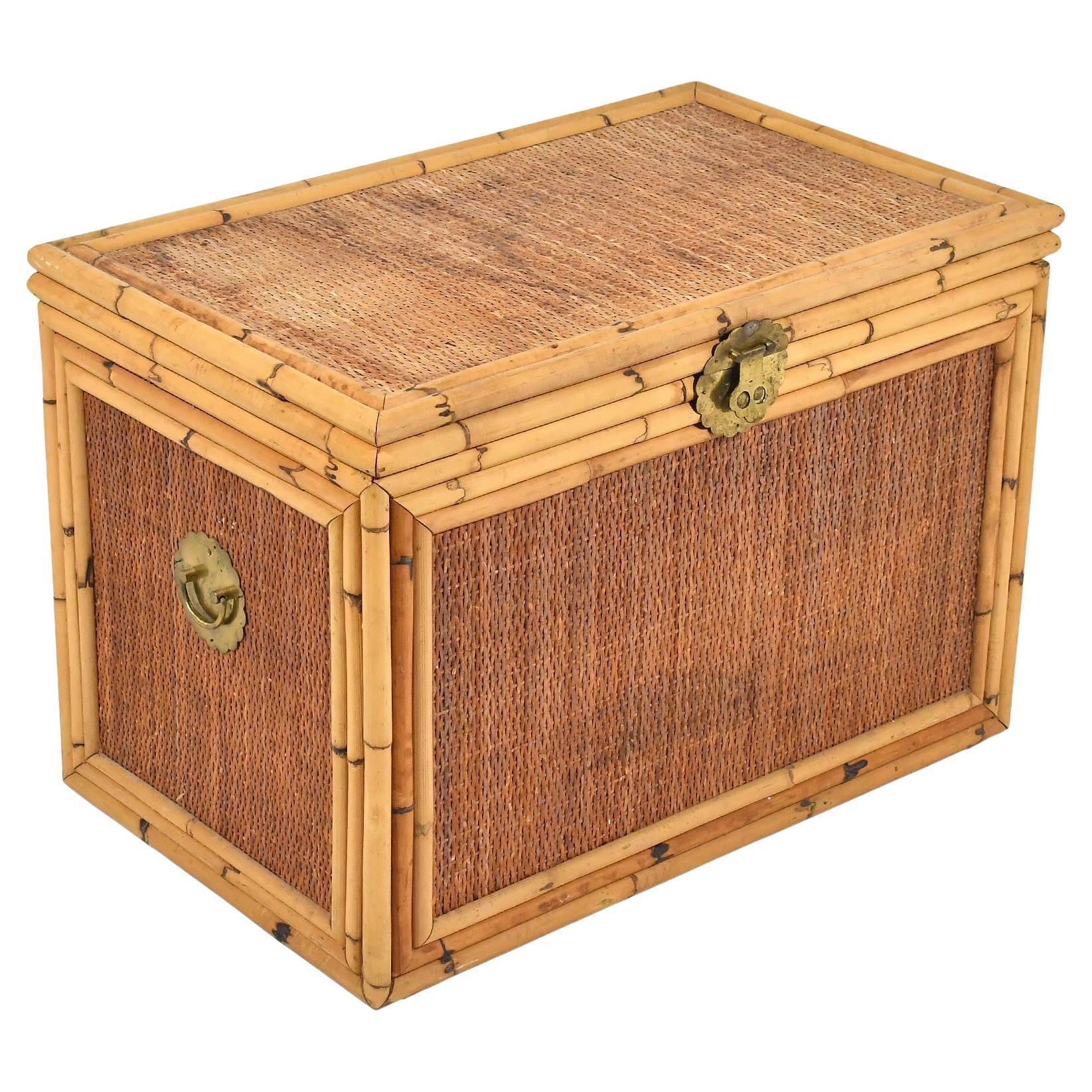 Rattan and Cane Chest with Brass Hardware For Sale