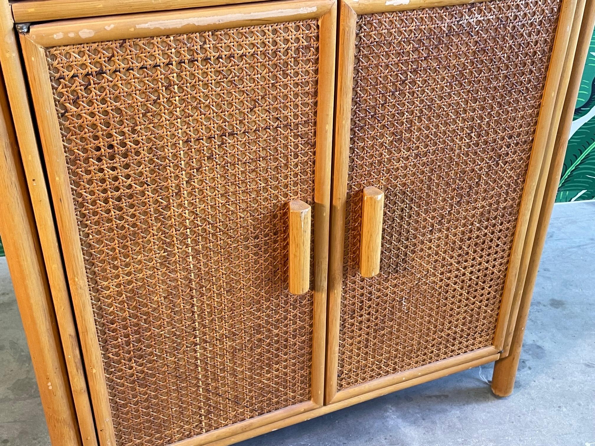 Rattan and Cane Drop Leaf Lighted Bar Cabinet In Good Condition In Jacksonville, FL
