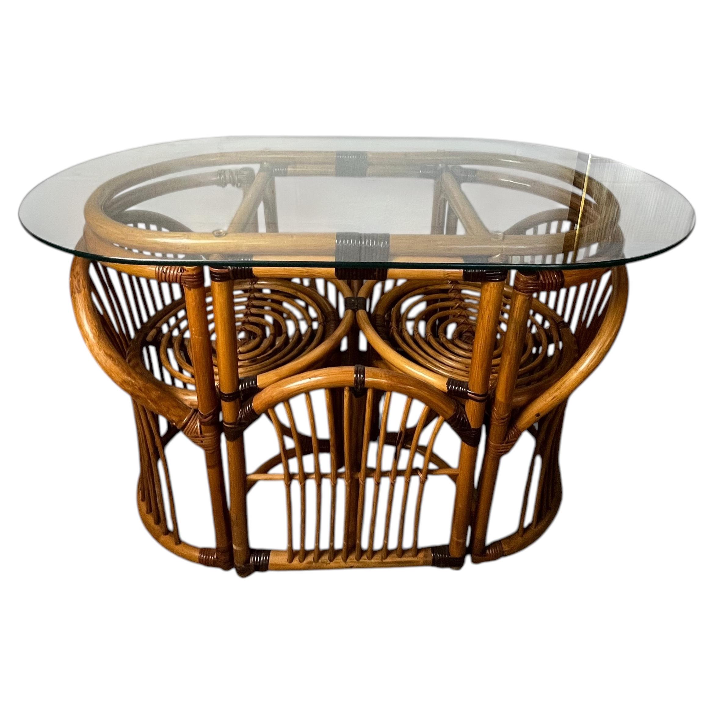 Rattan and Cane Game Table Set, Hollywood Regency Style, 1970s Design For Sale