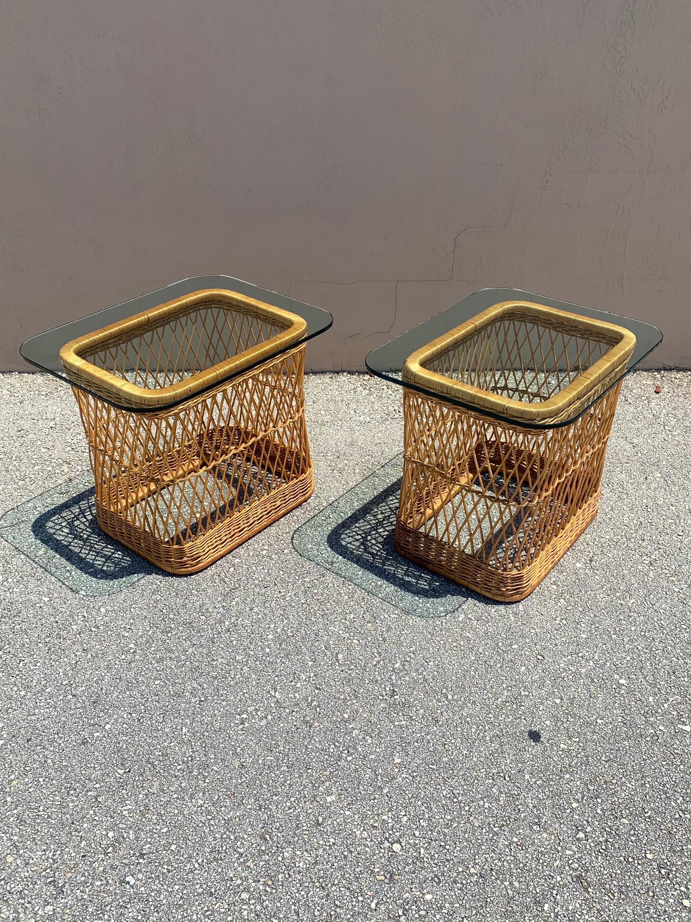 Rattan and Cane Side Table by Davis Allen for McGuire, a Pair For Sale 3