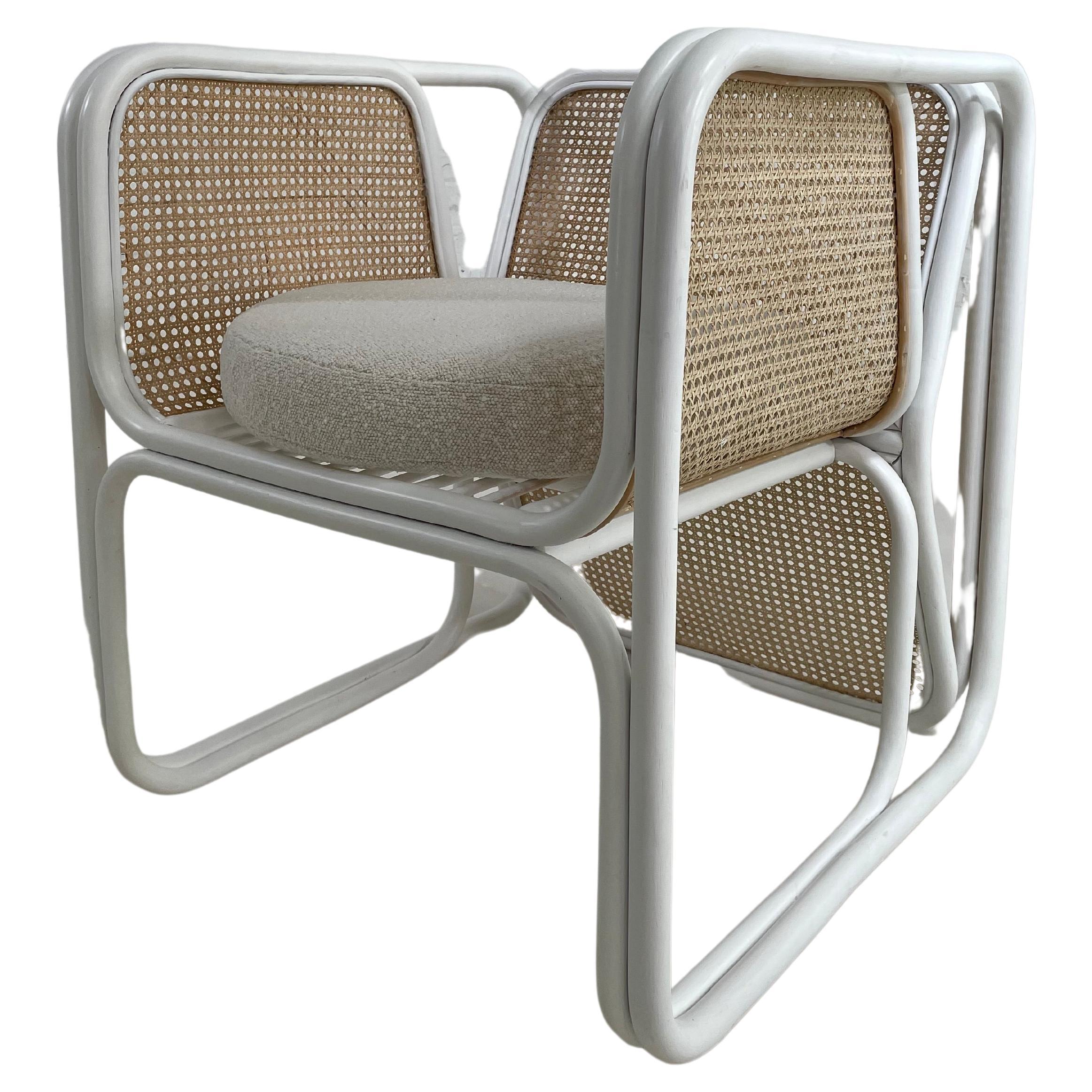 Rattan and Cane Wicker with Bouclé Fabric Seat Large Armchair