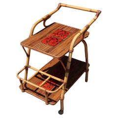 Rattan And Ceramic Rolling Table By Audoux-minnet, Circa 1950