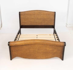 Rattan and Ebonized Wood Queen Sleigh Bed Frame