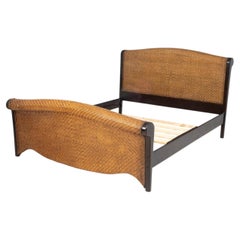 Rattan and Ebonized Wood Queen Sleigh Bed Frame