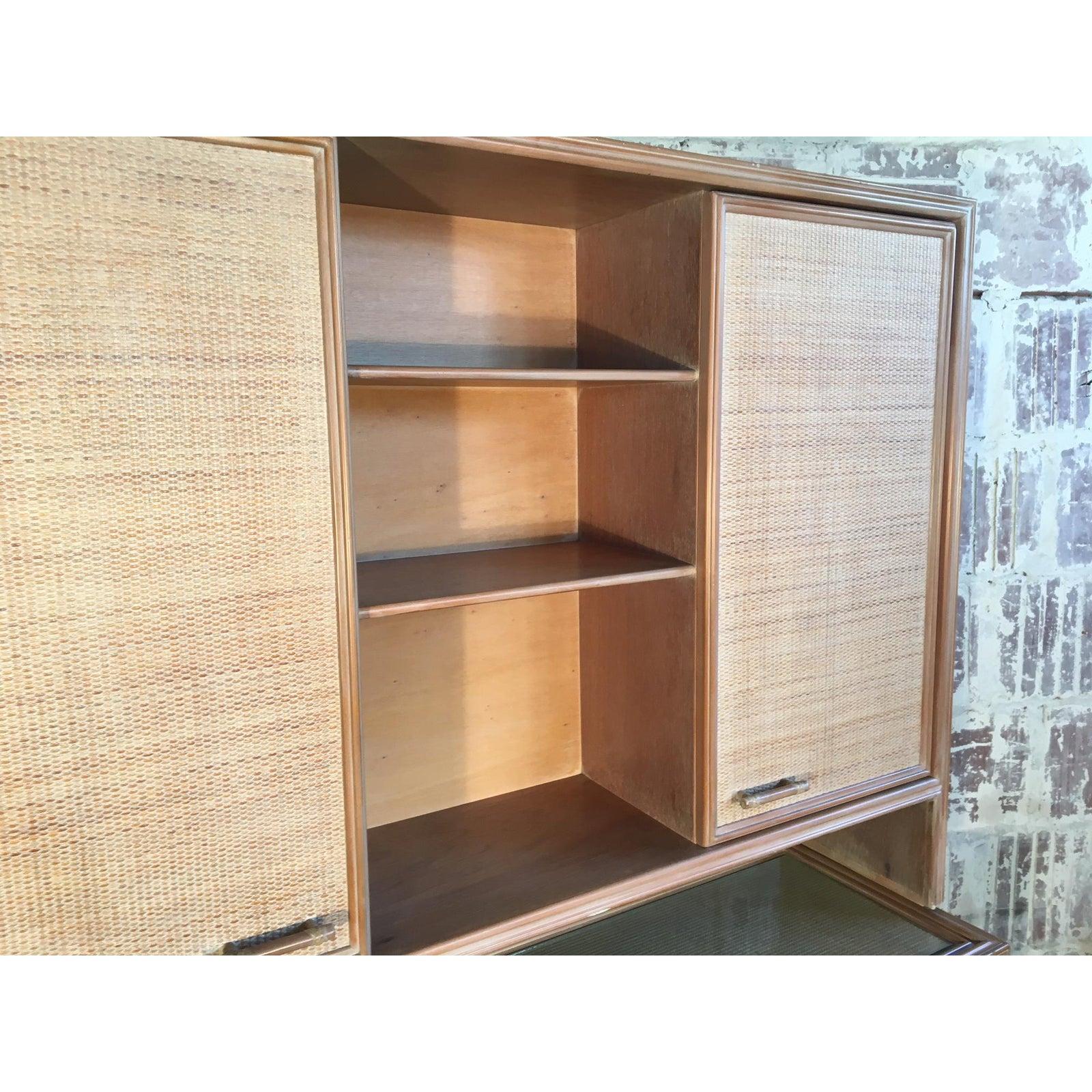 Hollywood Regency Rattan and Faux Bamboo China Buffet Cabinet with Hutch