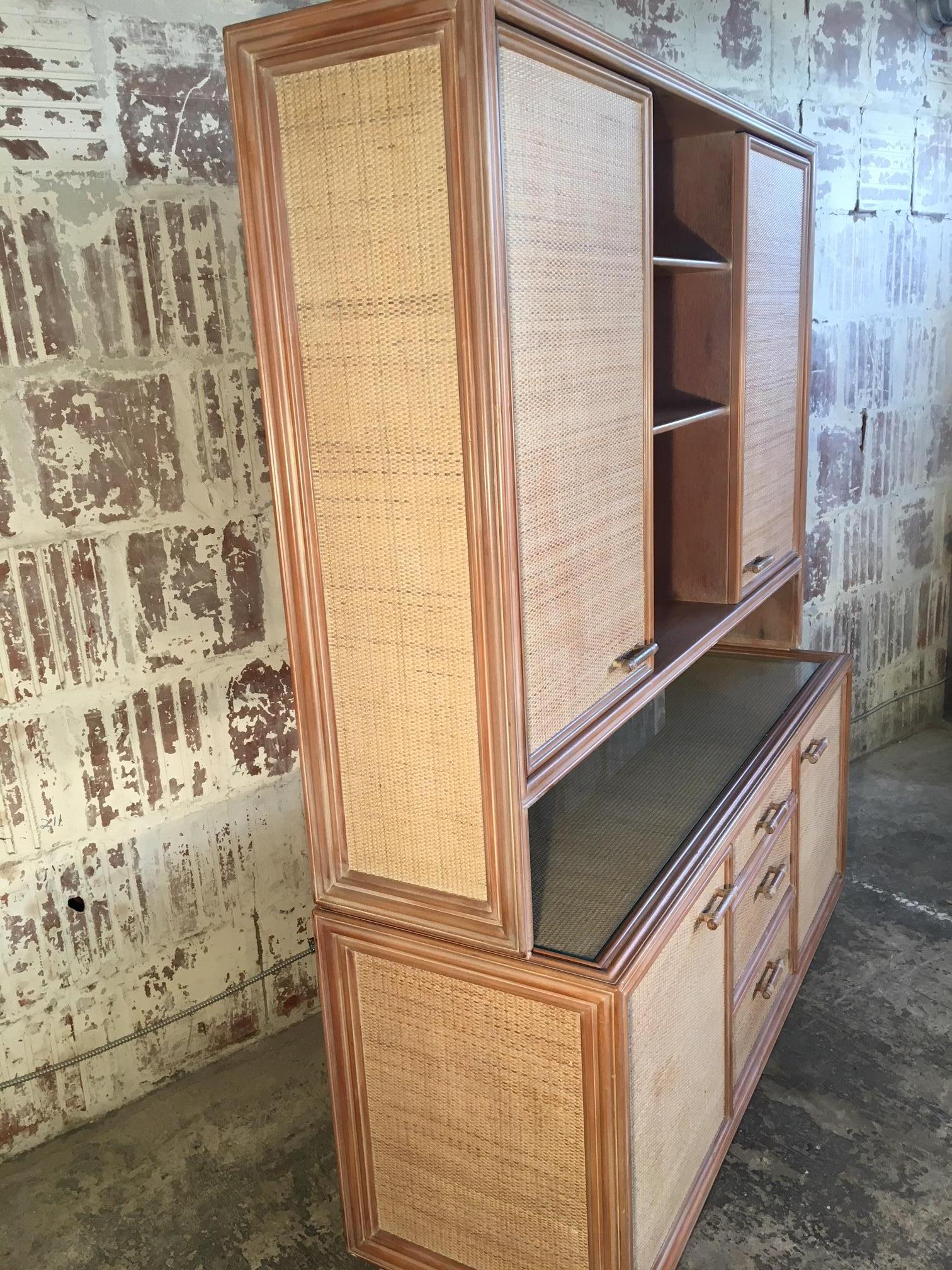 Hollywood Regency Rattan and Faux Bamboo China Buffet Cabinet with Hutch