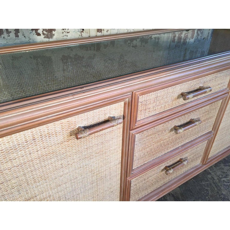 Rattan and Faux Bamboo China Buffet with Hutch For Sale at 1stDibs