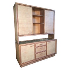 Rattan and Faux Bamboo China Buffet Cabinet with Hutch