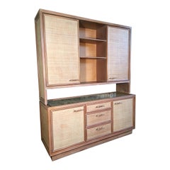 Rattan and Faux Bamboo China Buffet Cabinet with Hutch