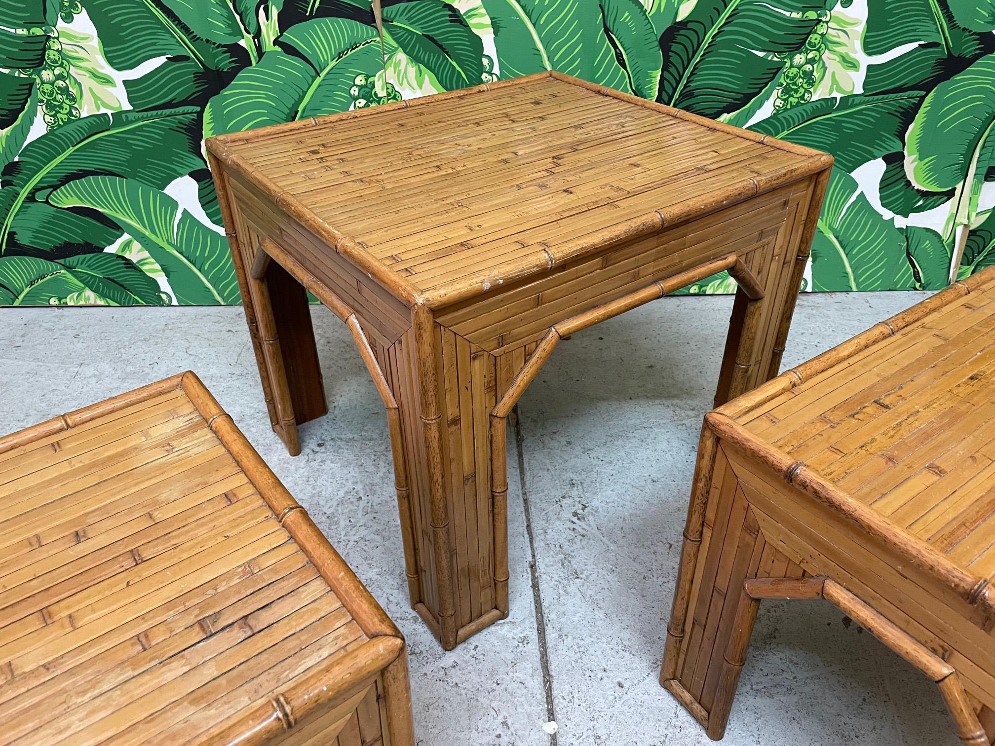 Organic Modern Rattan and Faux Bamboo End Tables and Side Table For Sale