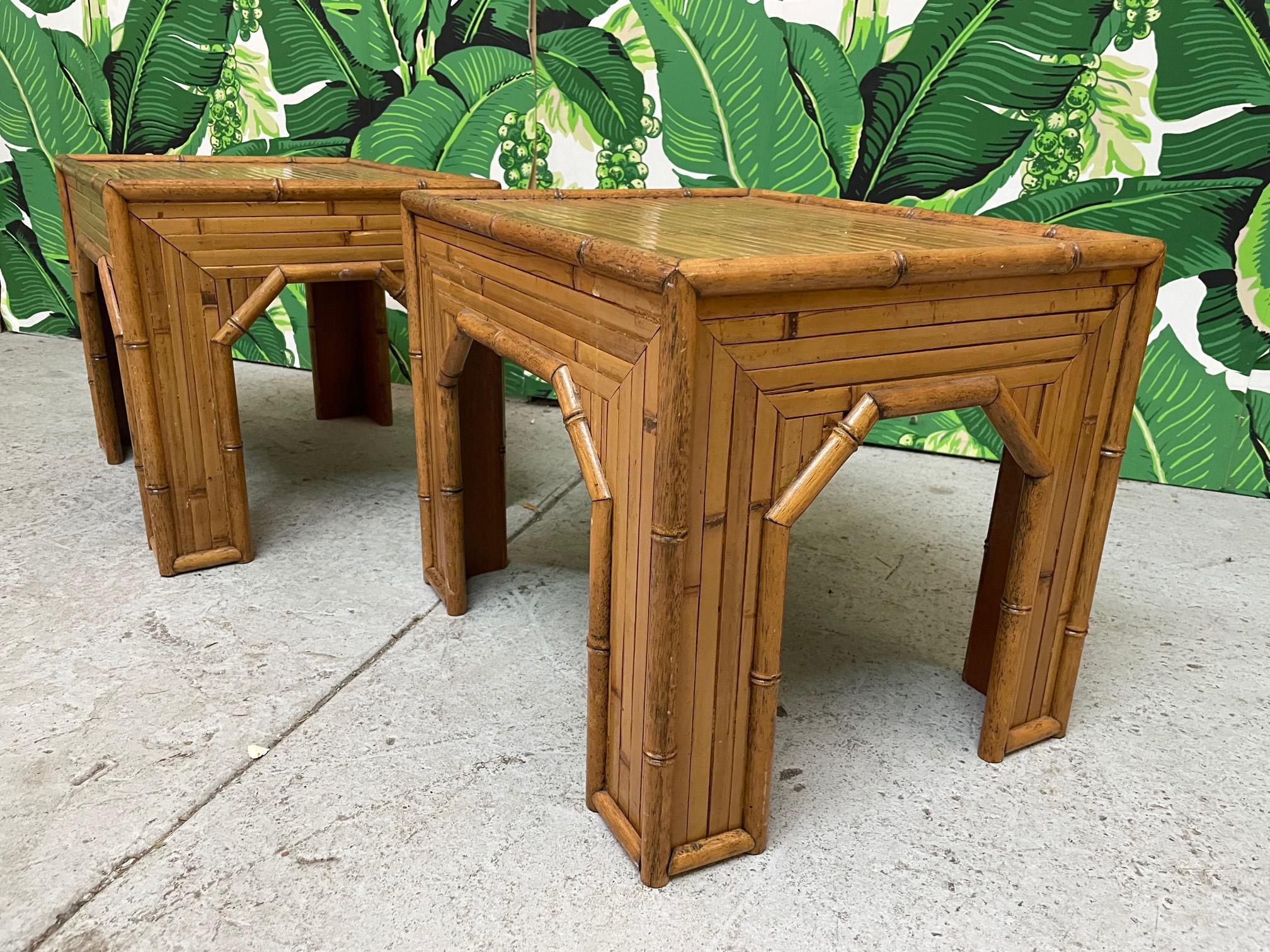 20th Century Rattan and Faux Bamboo End Tables and Side Table For Sale