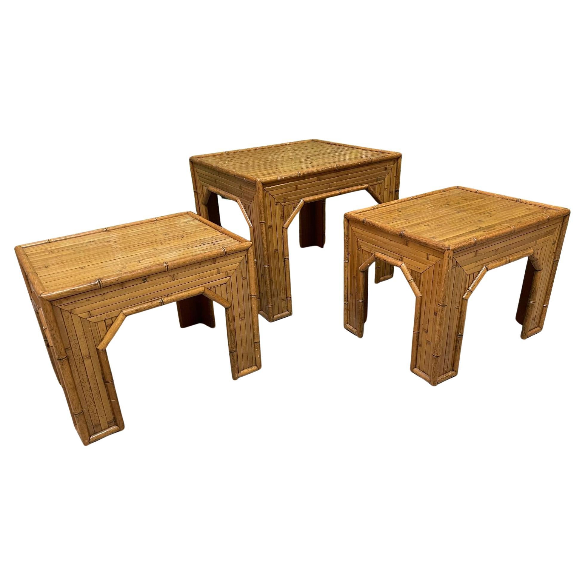 Rattan and Faux Bamboo End Tables and Side Table For Sale