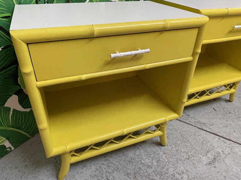 Rattan and Faux Bamboo Nightstands, a Pair at 1stDibs