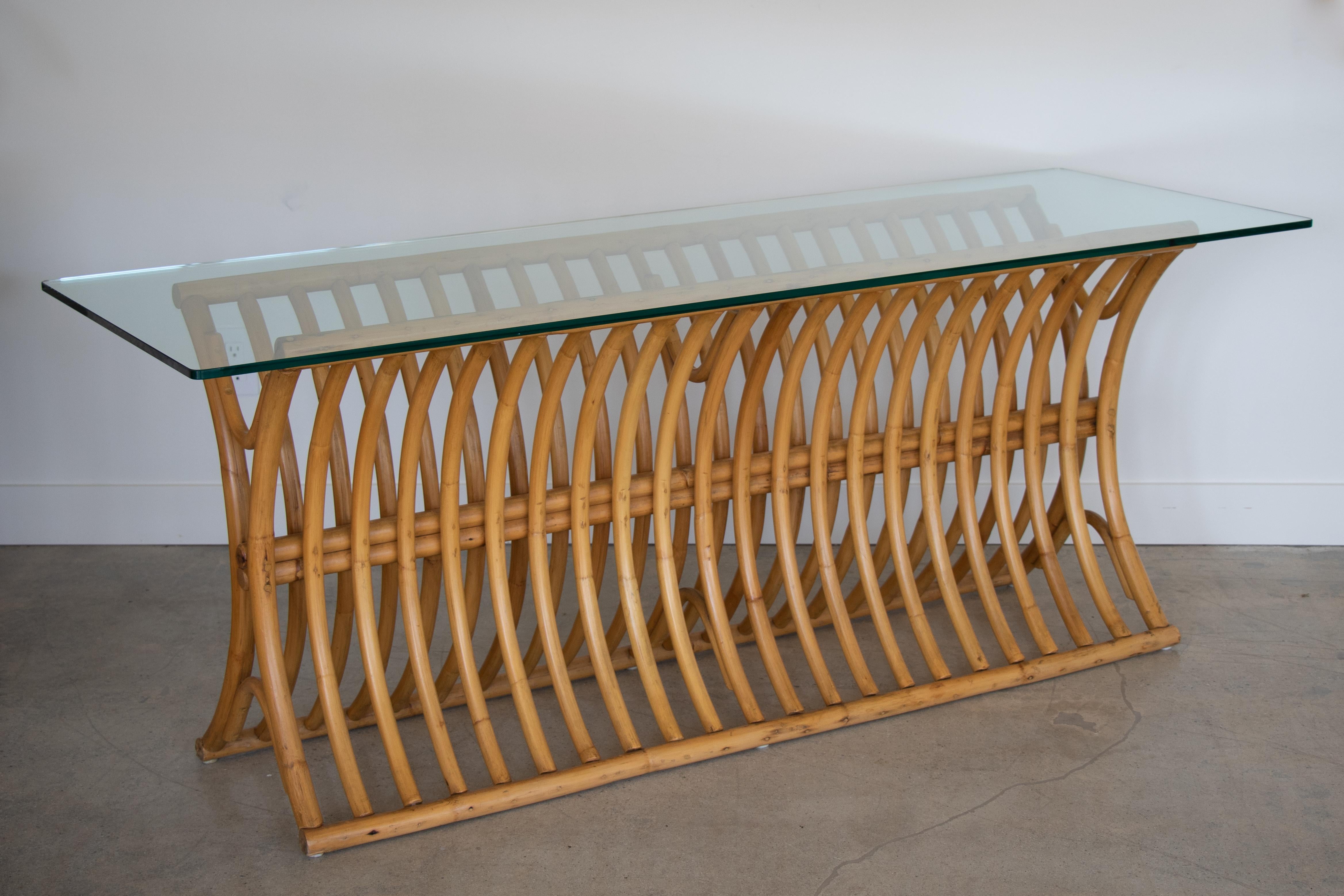 Mid-Century Modern Rattan and Glass Console Table