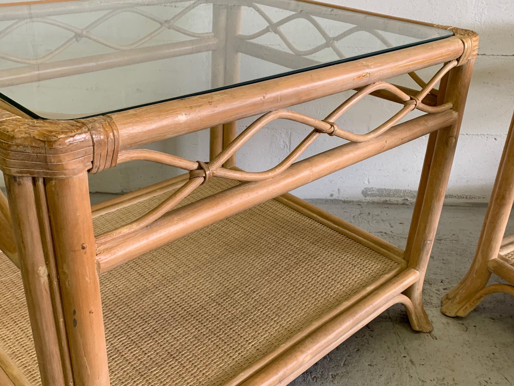 Bohemian Rattan and Glass End Tables, a Pair For Sale