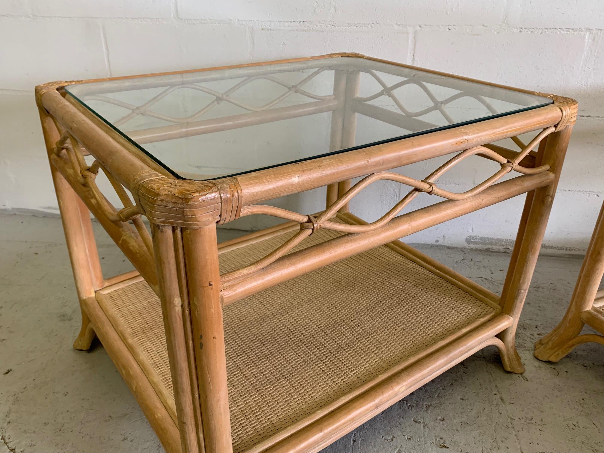 Late 20th Century Rattan and Glass End Tables, a Pair For Sale