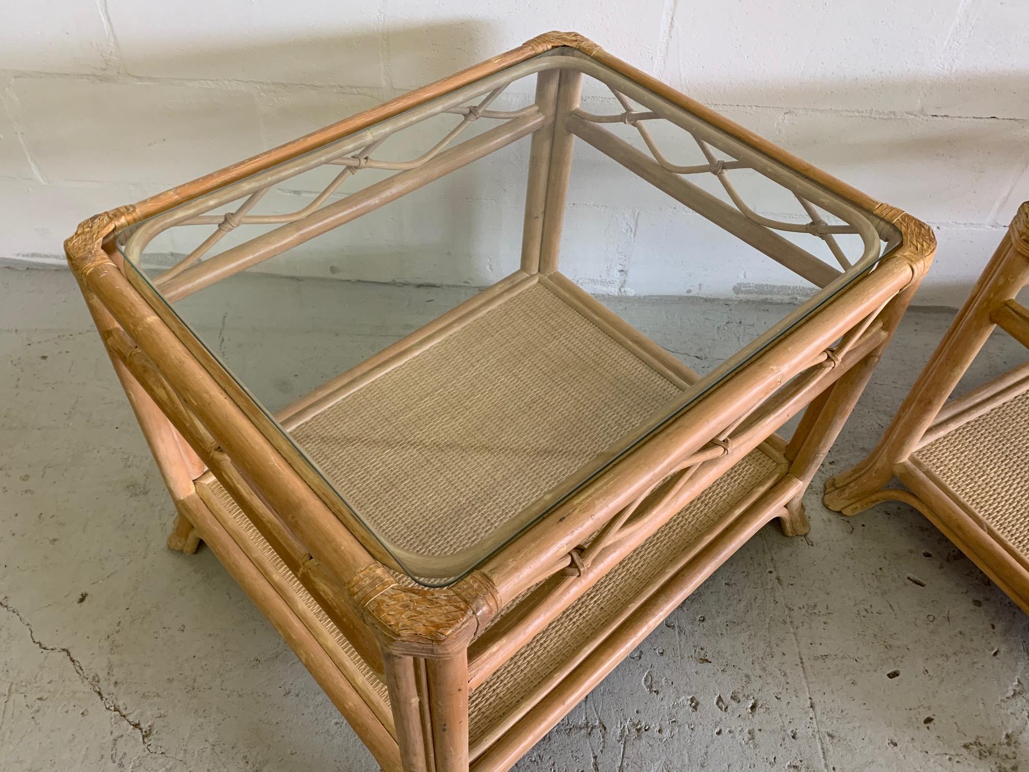 Rattan and Glass End Tables, a Pair For Sale 1
