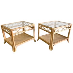 Rattan and Glass End Tables, a Pair