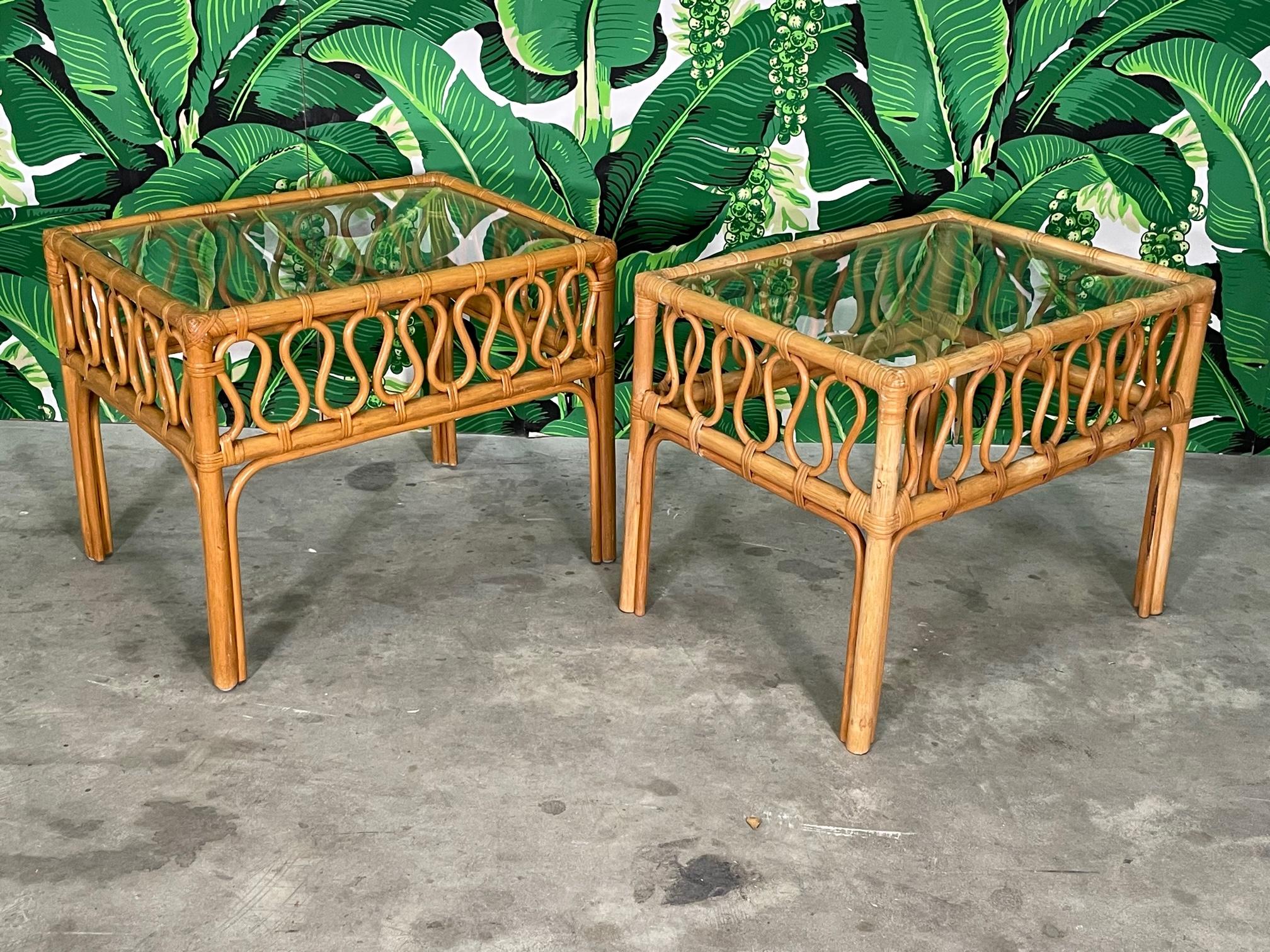 Rattan and Glass End Tables For Sale at 1stDibs