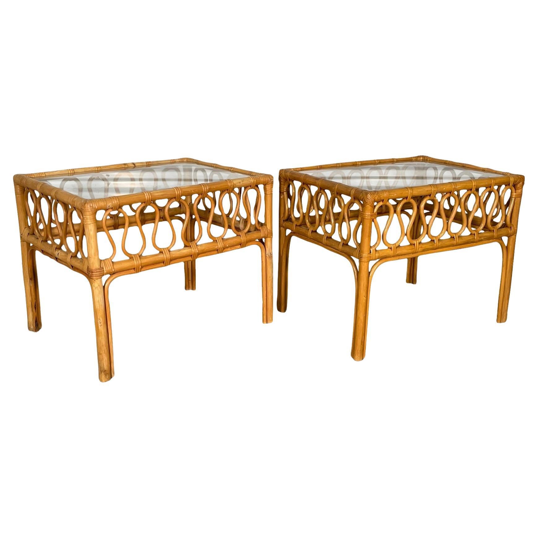 Rattan and Glass End Tables For Sale