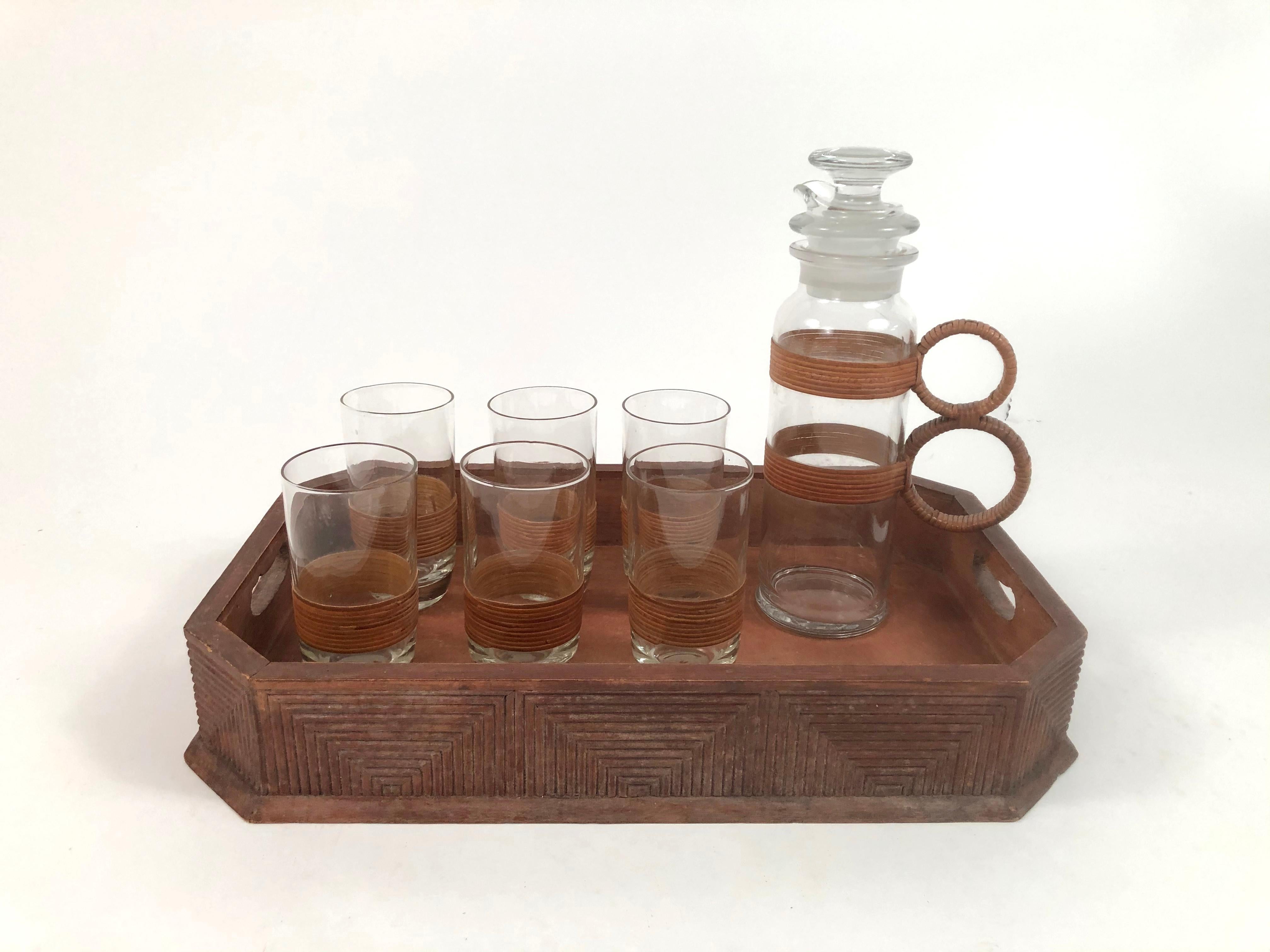 Rattan and Glass Highball Cocktail or Iced Tea Pitcher and 6 Glasses 2
