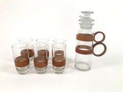 Rattan and Glass Highball Cocktail or Iced Tea Pitcher and 6 Glasses