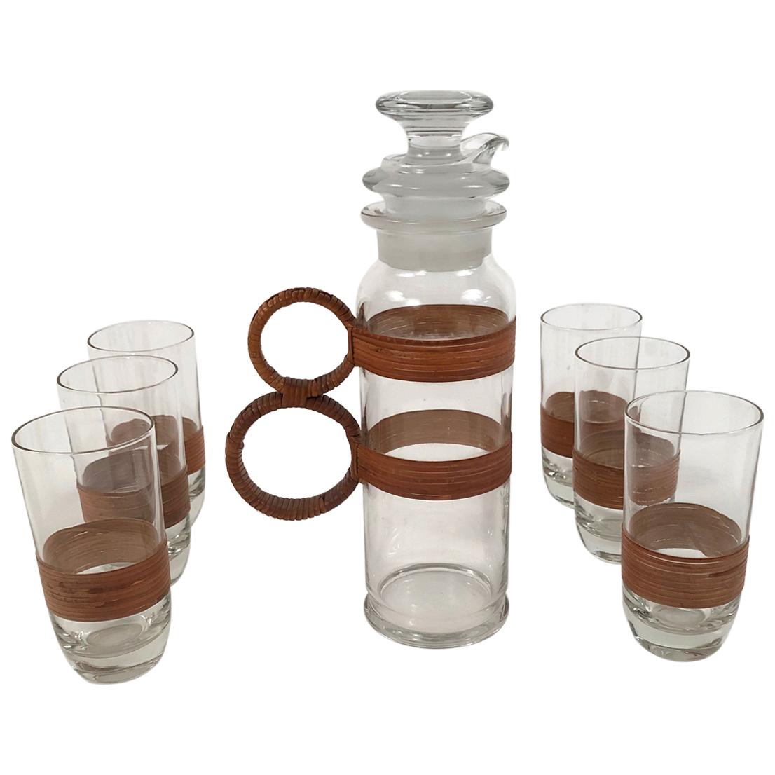 Rattan and Glass Highball Cocktail or Iced Tea Pitcher and 6 Glasses