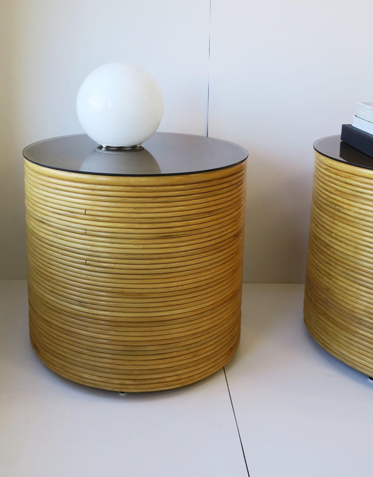 Wicker Rattan Round Pedestal End Tables, Pair at 1stDibs
