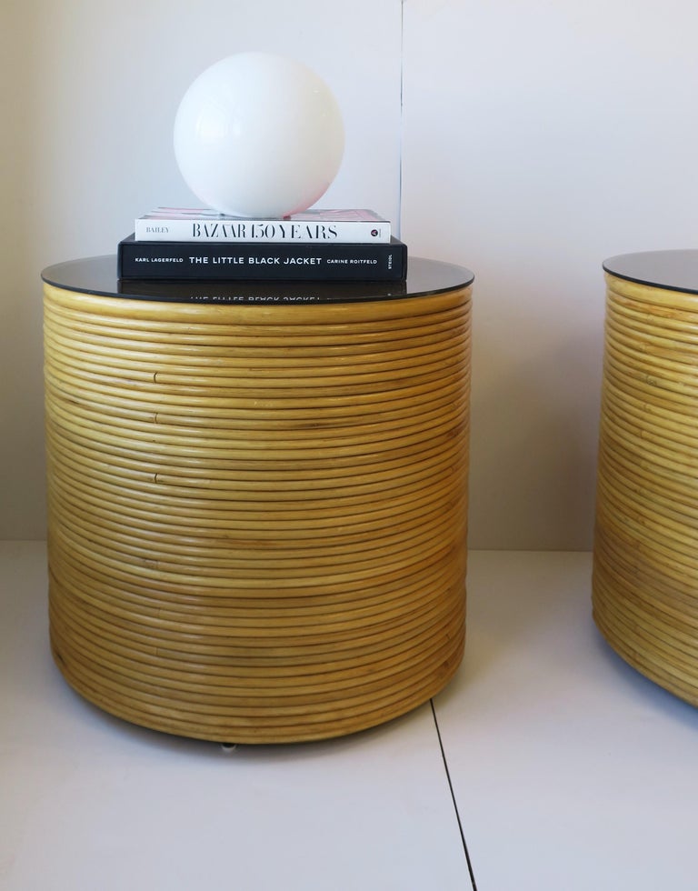 Wicker Rattan Round Pedestal End Tables, Pair at 1stDibs
