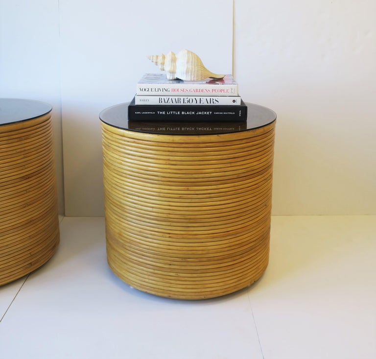 Wicker Rattan Round Pedestal End Tables, Pair at 1stDibs