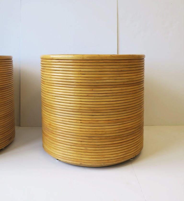Wicker Rattan Round Pedestal End Tables, Pair at 1stDibs