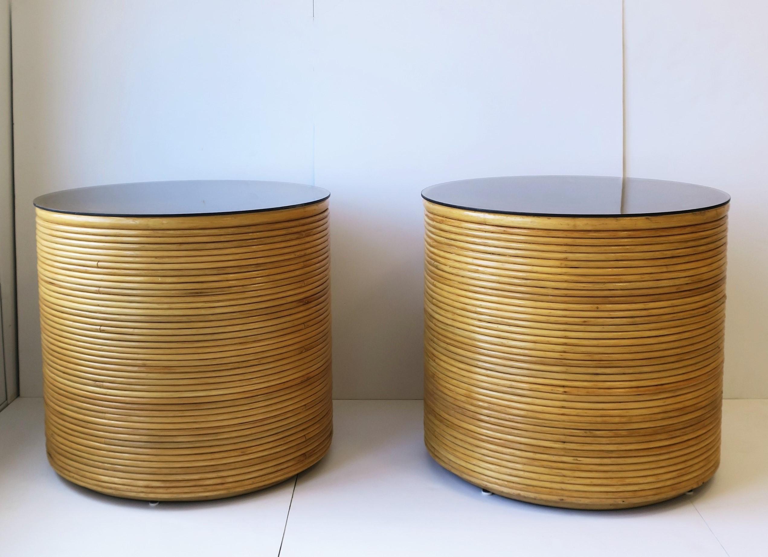 Modern Wicker Rattan Round Pedestal End Tables, Pair