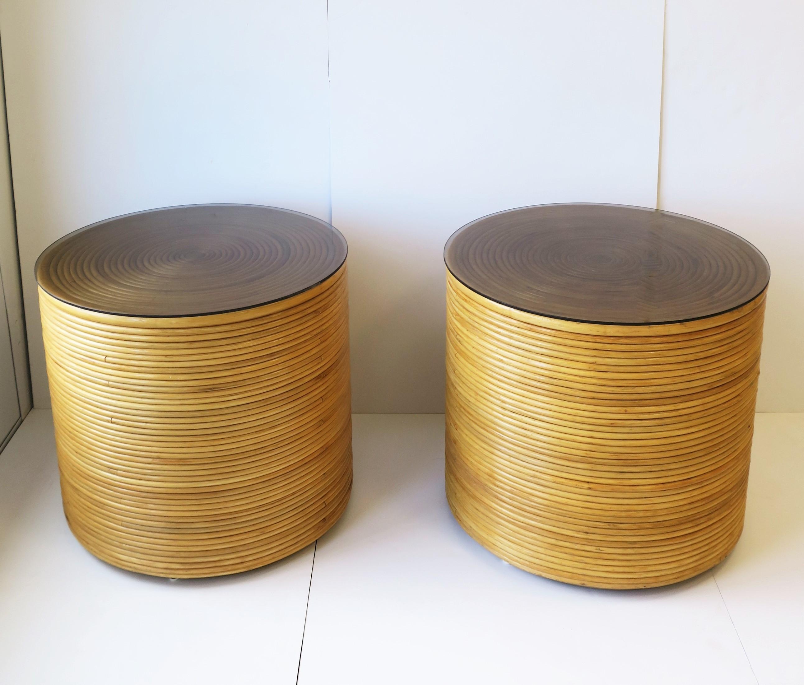 20th Century Wicker Rattan Round Pedestal End Tables, Pair